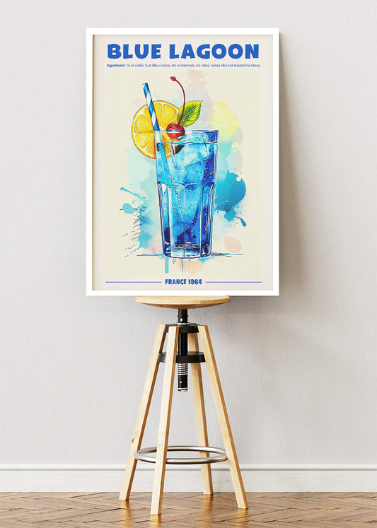 Blue Lagoon Cocktail Poster & Canvas Print | Vintage Watercolor Bar Wall Art