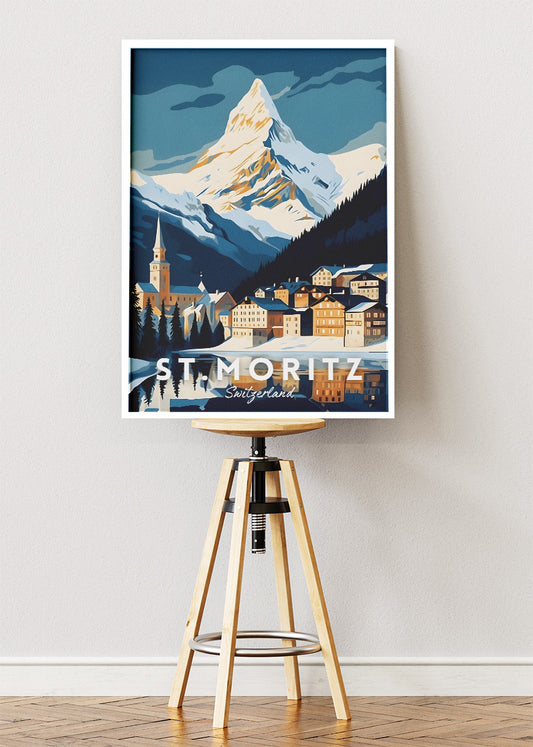 St. Moritz Switzerland Poster & Canvas Print – Illustrated Alpine Mountain Travel Art