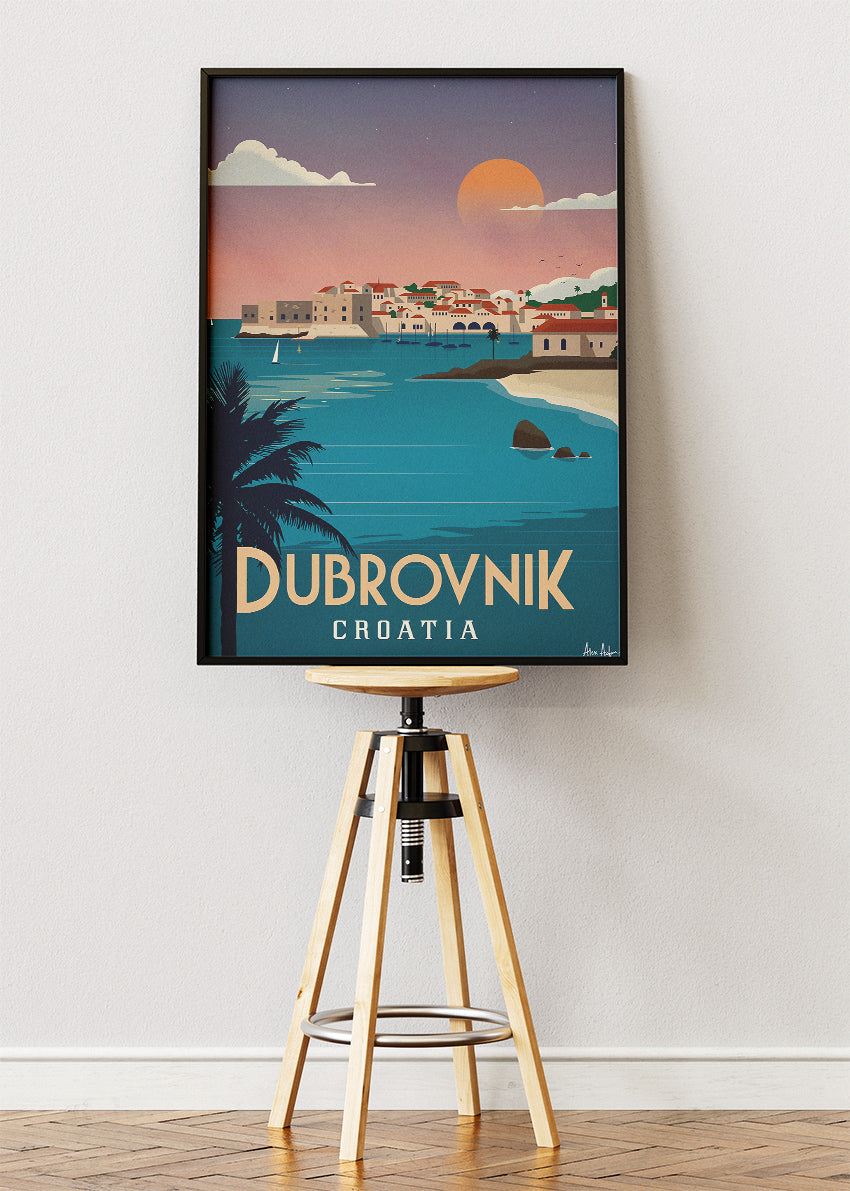 Dubrovnik Croatia Travel Poster & Canvas Print – Sunset Coastal Illustration Wall Art