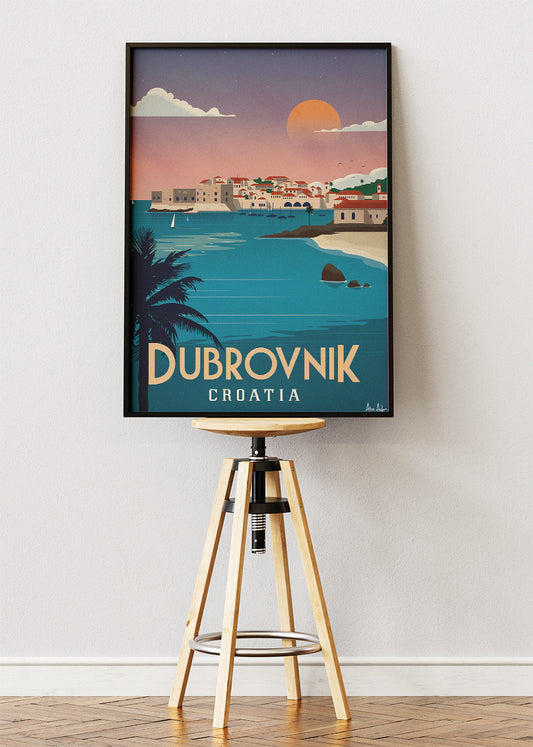Dubrovnik Croatia Travel Poster & Canvas Print – Sunset Coastal Illustration Wall Art