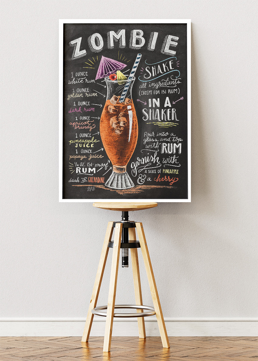 Zombie Vintage Cocktail Recipe Poster & Canvas Print | Chalkboard Tiki Bar Wall Art