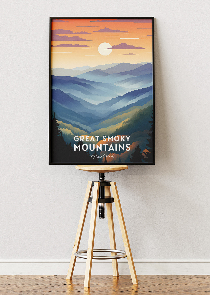 Great Smoky Mountains National Park Travel Poster & Canvas Wall Art – Misty Mountain Landscape Print