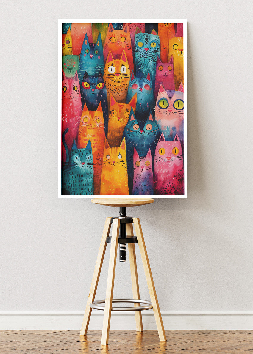 Colourful Cat Crowd Canvas Print & Poster – Playful Cat Wall Art