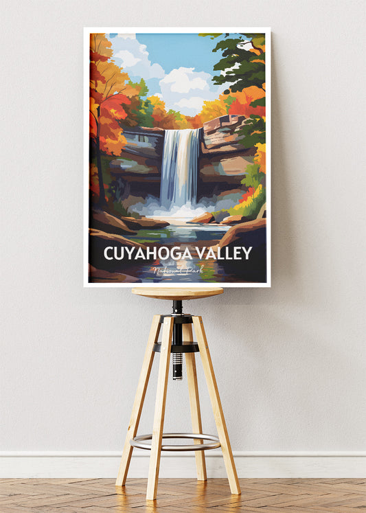 Cuyahoga Valley National Park Poster & Canvas Print – Illustrated Waterfall & Autumn Forest Wall Art