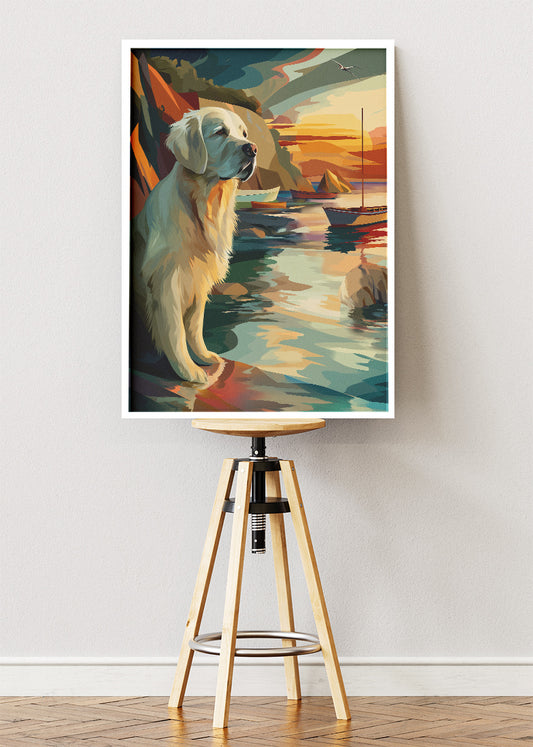 Golden Retriever Sunset Canvas Print & Poster – Coastal Dog Wall Art