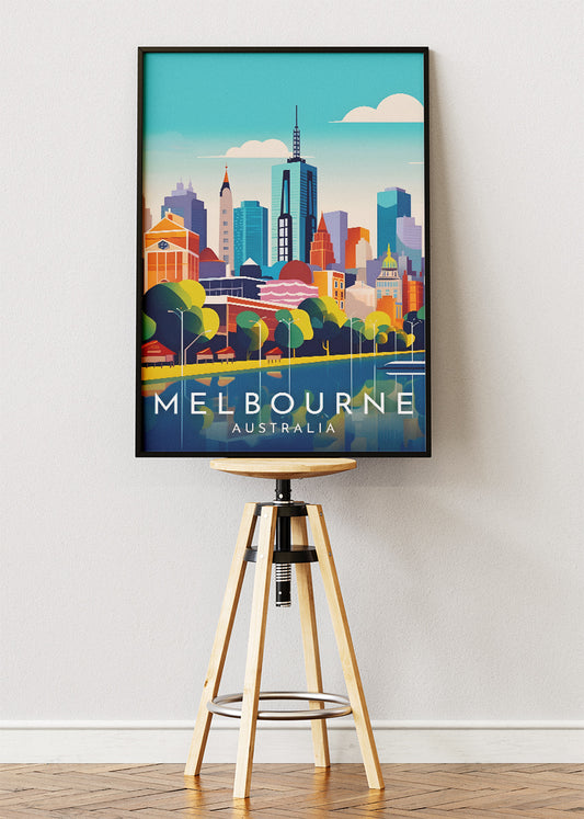 Melbourne Australia Travel Poster & Canvas Wall Art – Modern City Skyline Print