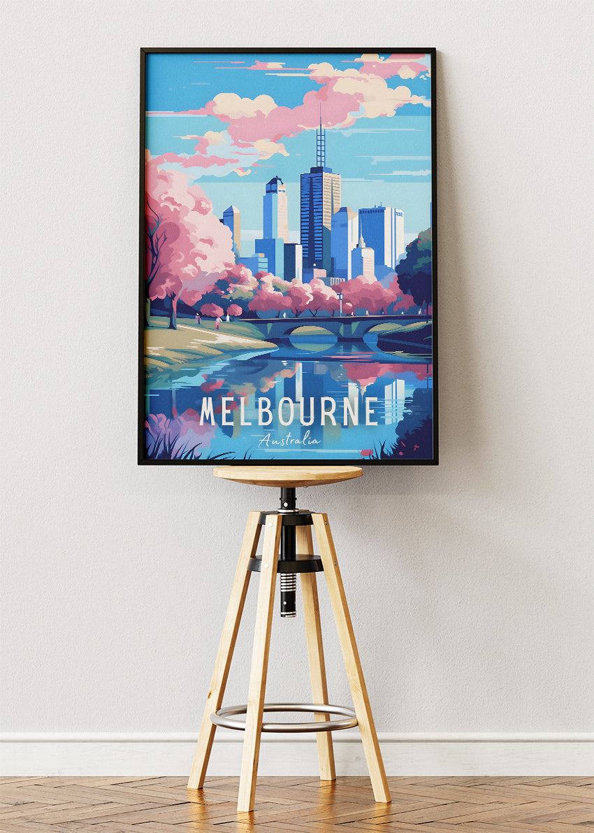 Melbourne Australia Travel Poster & Canvas Wall Art – Pink Blossoms City Skyline Print
