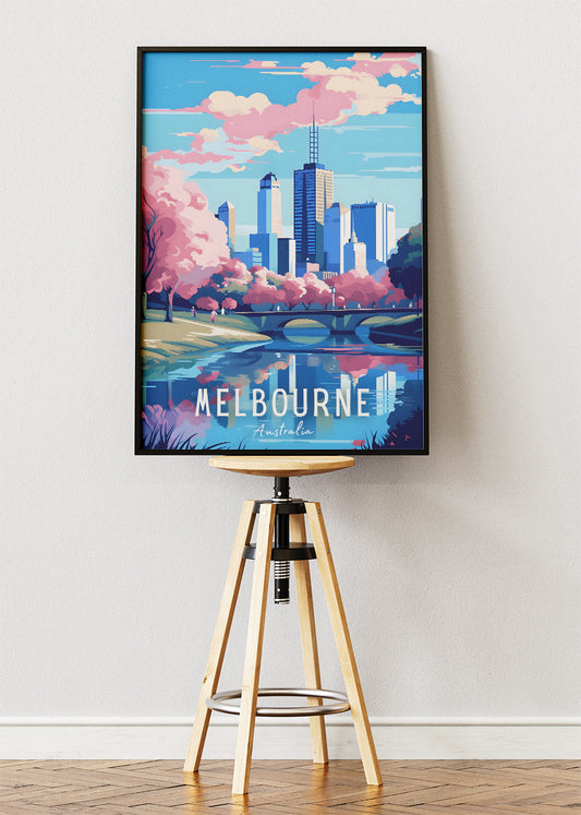 Melbourne Australia Travel Poster & Canvas Wall Art – Pink Blossoms City Skyline Print