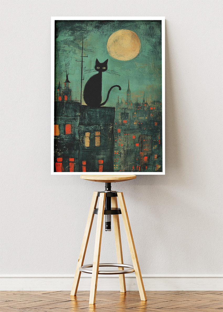 Black Cat Moonlight City Canvas Print & Poster – Night Skyline Wall Art