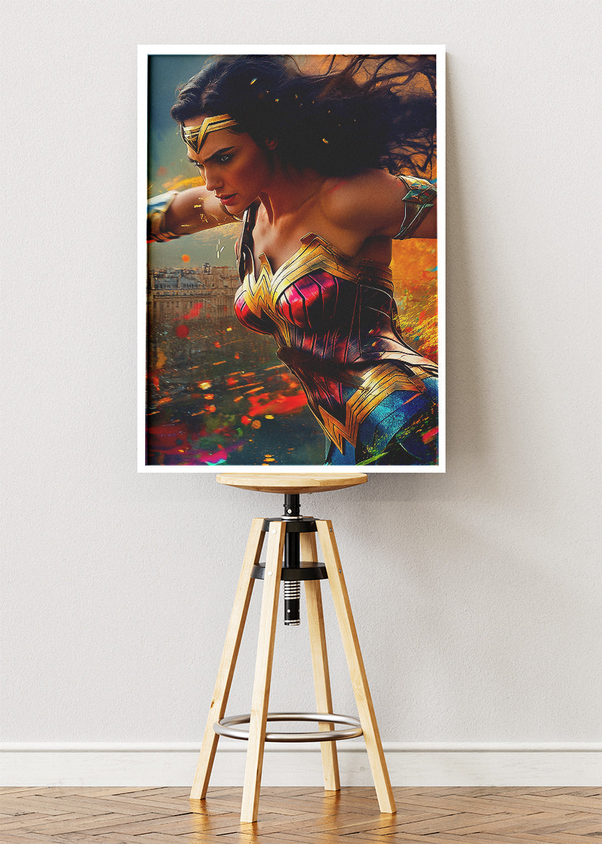 Wonder Woman – Cinematic Action Portrait Canvas & Poster Print – AI PRINT LAB