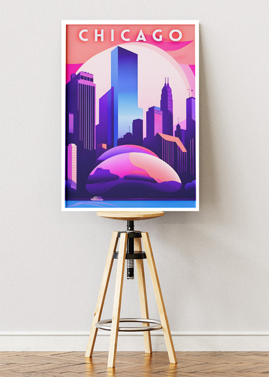 Chicago Illinois Poster & Canvas Print – Neon Skyline Futuristic Illustration