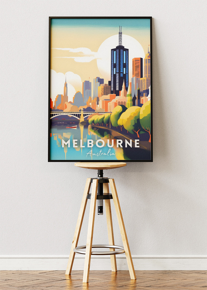 Melbourne Australia Travel Poster & Canvas Wall Art – Sunset City Skyline Print