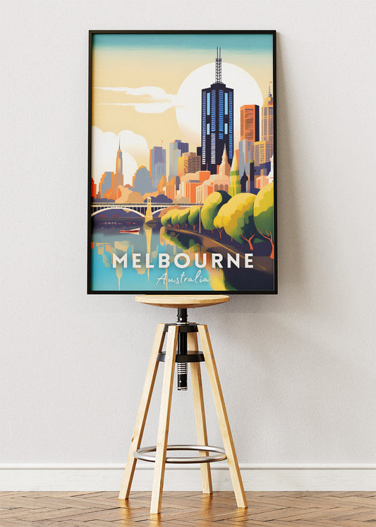 Melbourne Australia Travel Poster & Canvas Wall Art – Sunset City Skyline Print