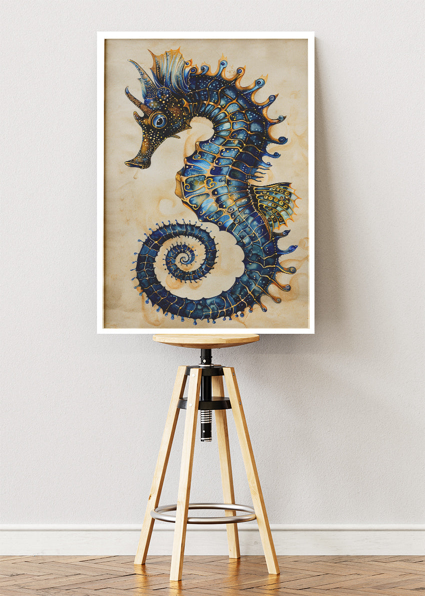 Golden Blue Seahorse Canvas Print & Poster – Elegant Ocean Animal Wall Art