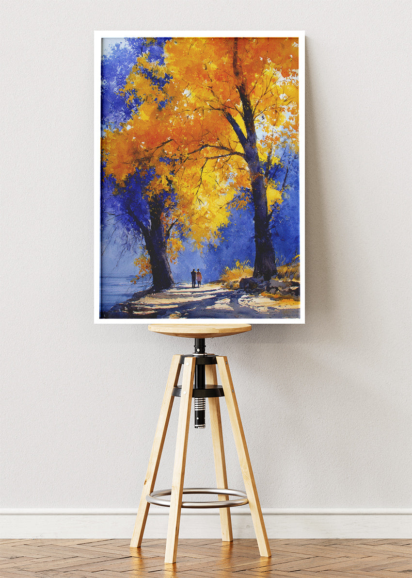Autumn Tree Path Wall Art – Golden Fall Landscape Canvas Print & Romantic Nature Poster for Living Room Decor UK