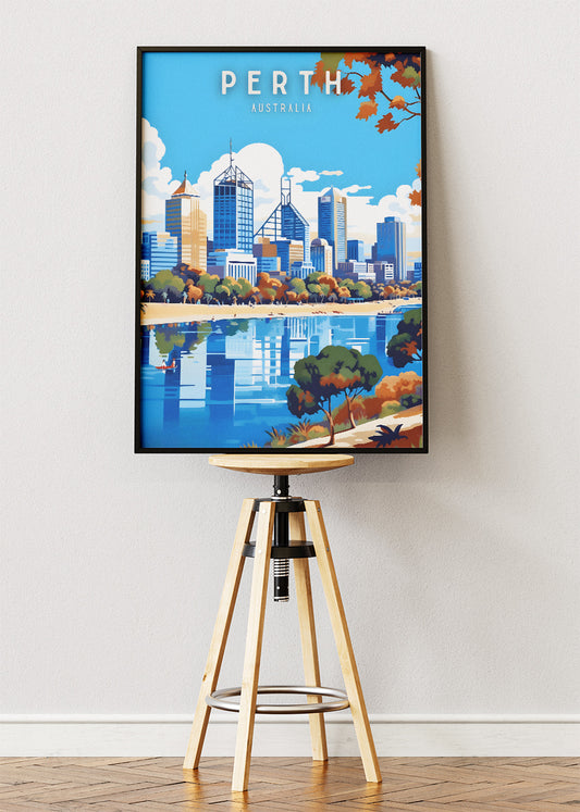 Perth Australia Travel Poster & Canvas Wall Art – Modern Skyline Illustration Print