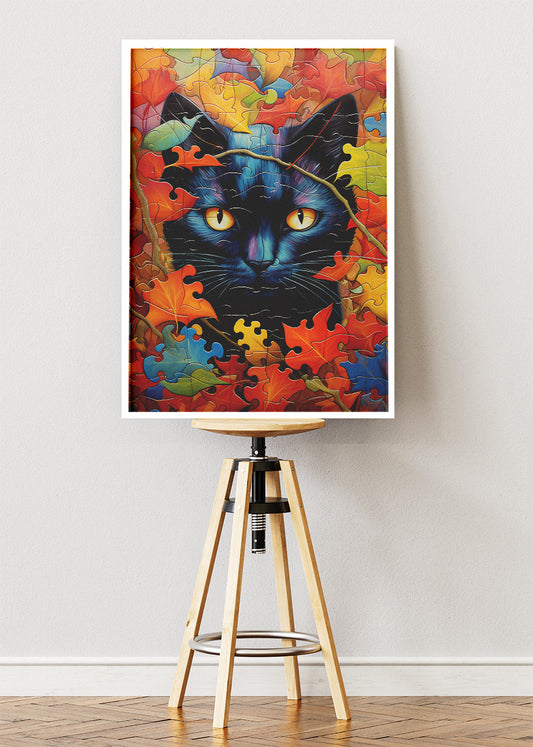 Autumn Black Cat Canvas Print & Poster – Colorful Puzzle Leaf Cat Wall Art