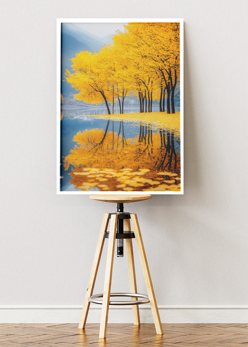Golden Autumn Lake Wall Art – Yellow Tree Reflection Canvas Print & Serene Nature Landscape Poster UK