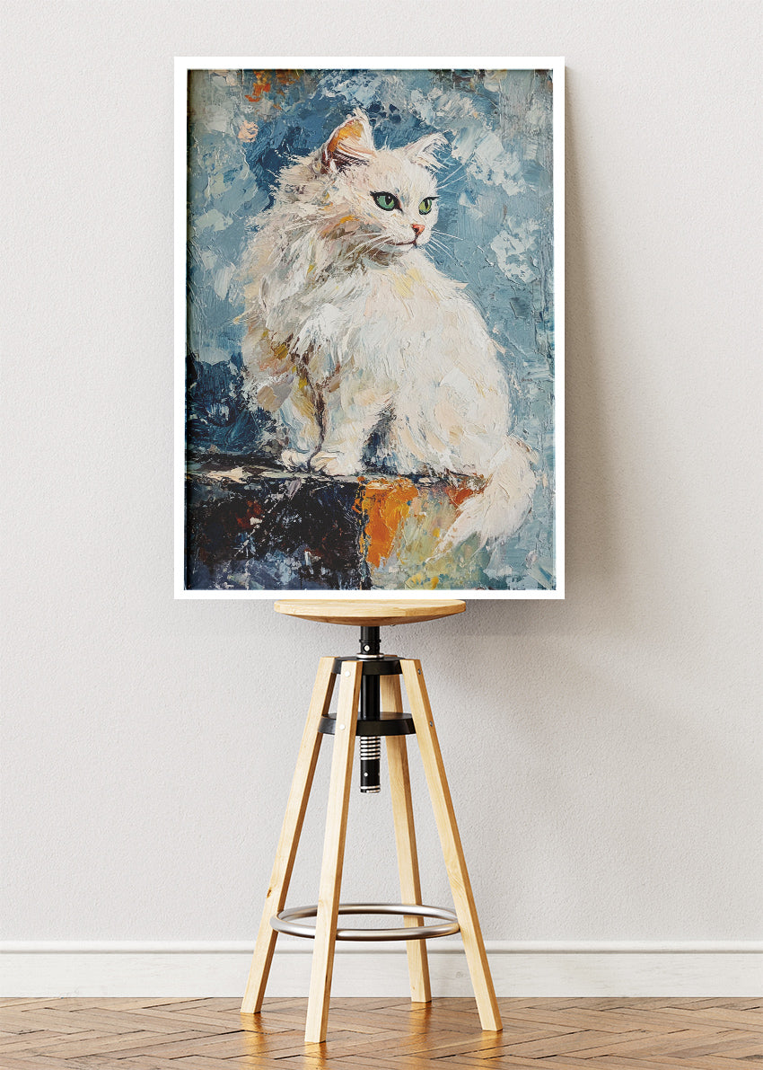 Elegant White Cat Poster & Canvas Print – Textured Oil Painting Art