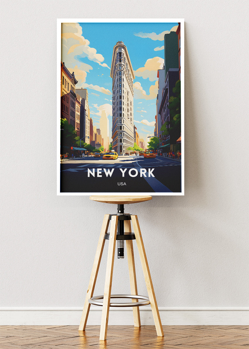New York USA Poster & Canvas Print – Flatiron Building Cityscape Illustration