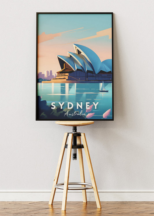 Sydney Australia Travel Poster & Canvas Wall Art – Modern Opera House Sunset Illustration Print