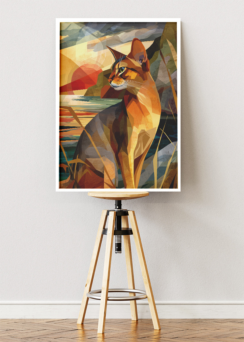 Geometric Sunset Cat Poster & Canvas Print – Modern Abstract Animal Art