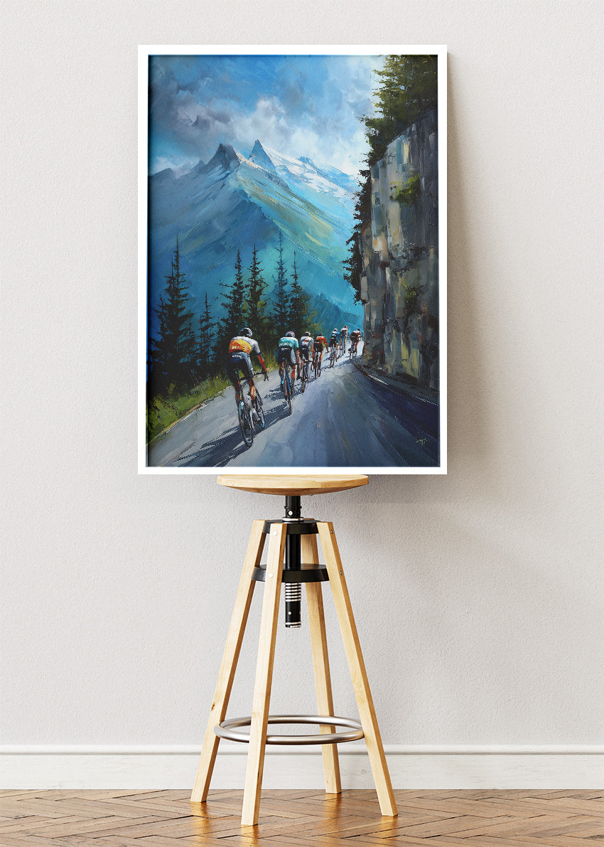 Alpine Cliffside Peloton Cycling Art Print & Canvas – Mountain Road Cycling Wall Art