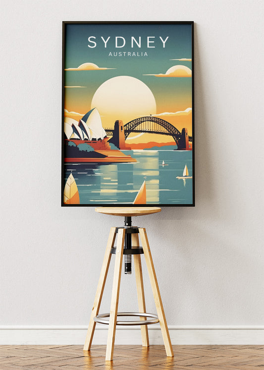 Sydney Australia Travel Poster & Canvas Wall Art – Harbour Bridge & Opera House Sunset Illustration Print