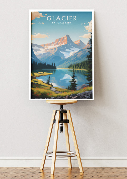 Glacier National Park Poster & Canvas Print – Mountain Lake Landscape Illustration Wall Art
