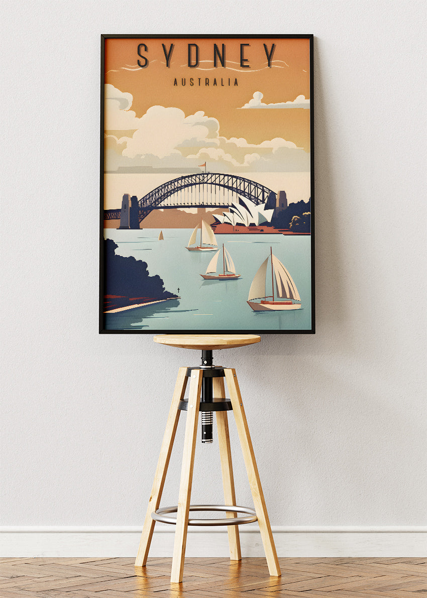 Sydney Australia Travel Poster & Canvas Wall Art – Harbour Bridge & Opera House Vintage Sailing Illustration