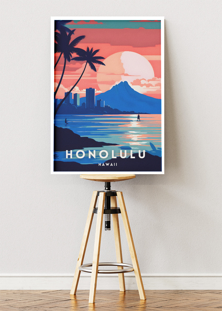 Honolulu Hawaii Poster & Canvas Print – Tropical Sunset Coastline Illustration