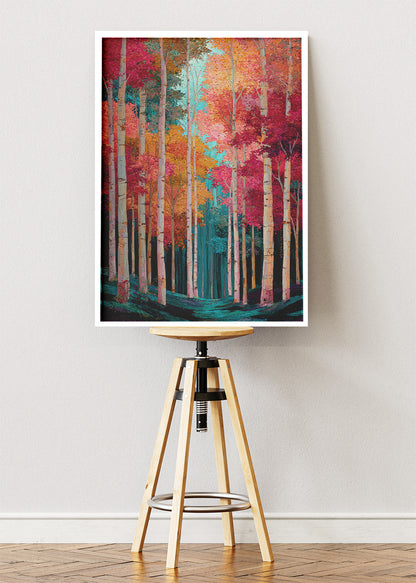 Vibrant Autumn Forest Wall Art – Colorful Birch Tree Canvas Print & Modern Nature Portrait Poster