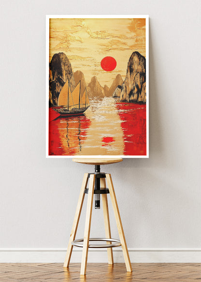 Crimson Sun Harbour – Oriental Inspired Mountain & Sailboat Wall Art Poster & Canvas – AI PRINT LAB