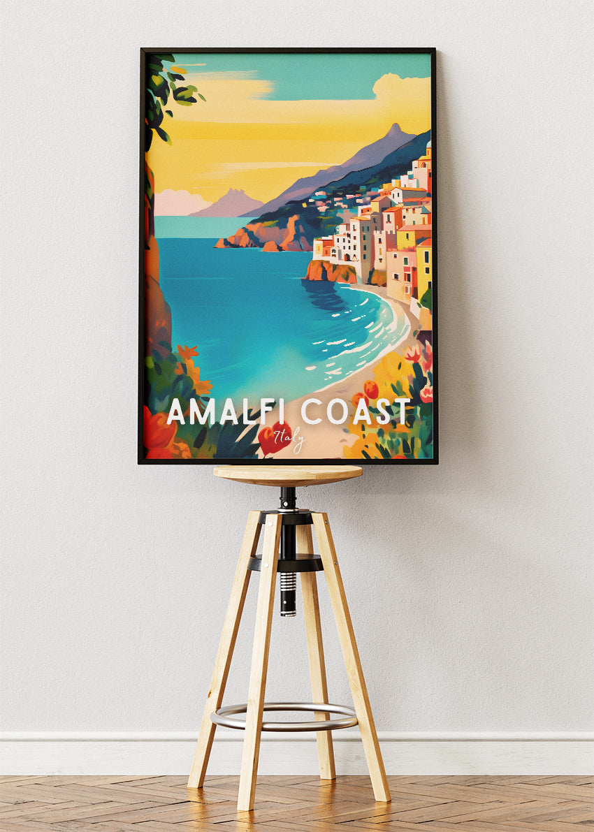 Amalfi Coast Italy Poster & Canvas Print – Illustrated Mediterranean Coastal Art
