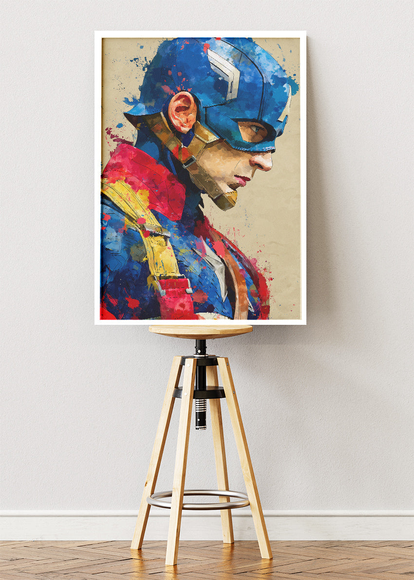 Captain America – Watercolor Splash Portrait Canvas & Poster Print – AI PRINT LAB