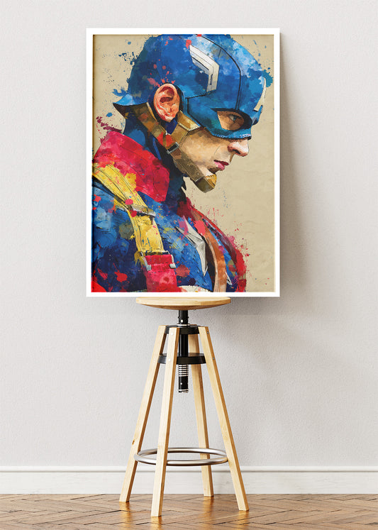 Captain America – Watercolor Splash Portrait Canvas & Poster Print – AI PRINT LAB