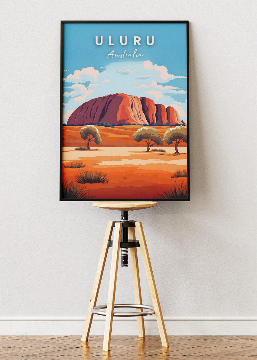 Uluru Australia Travel Poster & Canvas Wall Art – Red Desert Landscape Illustration