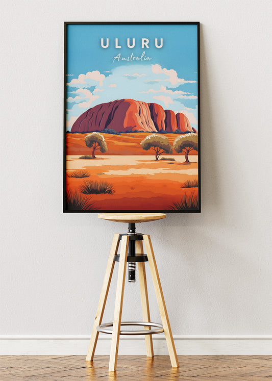 Uluru Australia Travel Poster & Canvas Wall Art – Red Desert Landscape Illustration
