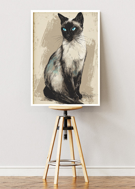 Siamese Cat Wall Art Print & Canvas – Elegant Blue-Eyed Cat Illustration