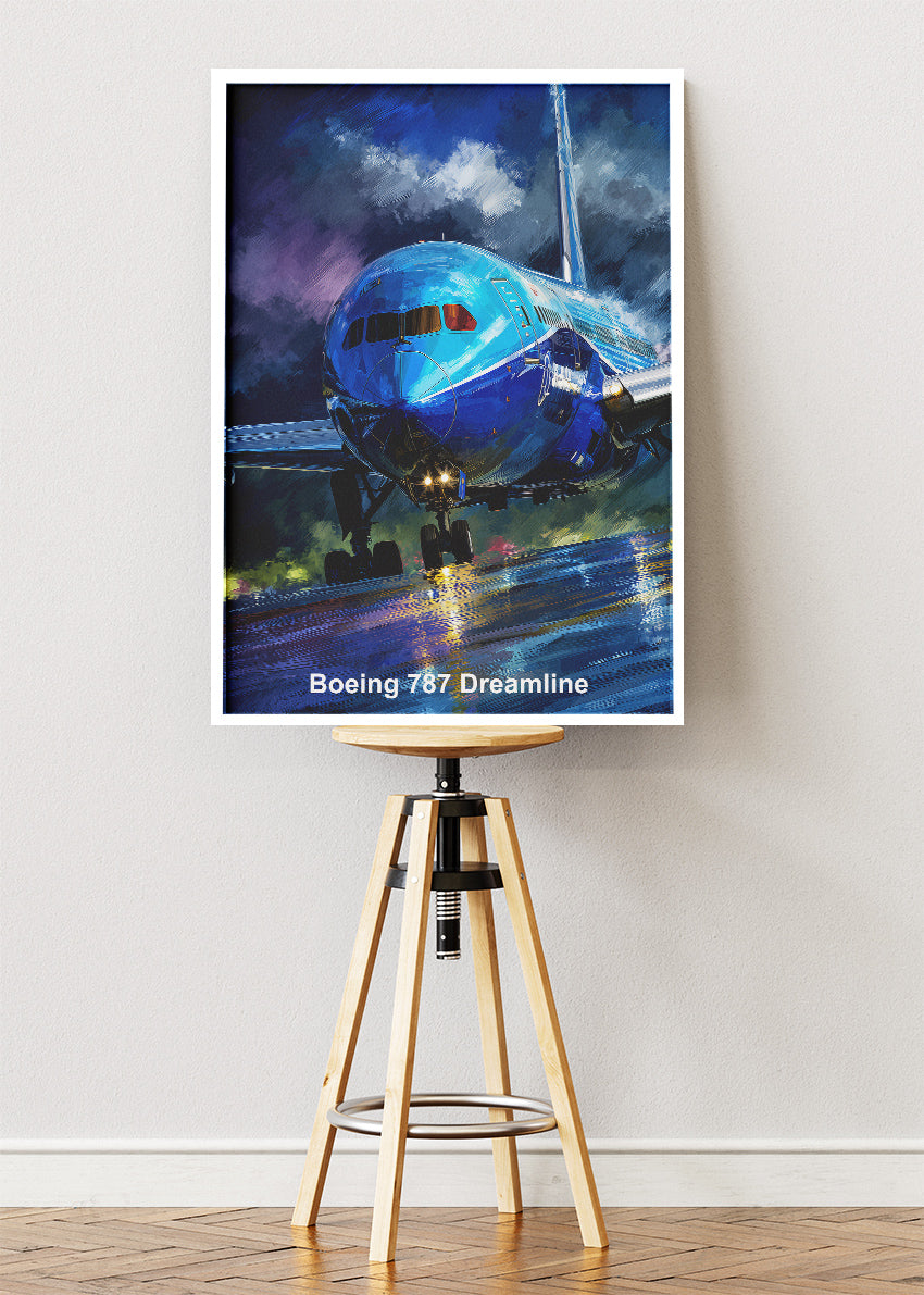 Boeing 787 Dreamliner Poster & Canvas Print – Rainy Runway Aviation Art – Aiprintlab