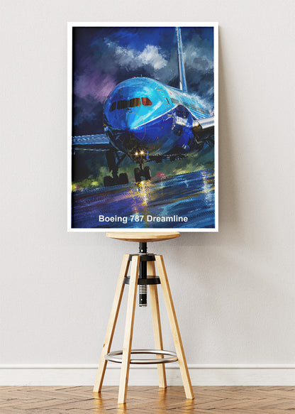 Boeing 787 Dreamliner Poster & Canvas Print – Rainy Runway Aviation Art – Aiprintlab