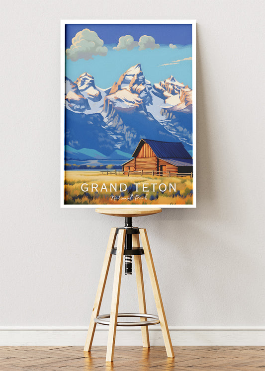 Grand Teton National Park Poster & Canvas Print – Mountain Barn Landscape Illustration Wall Art