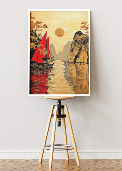 Golden Horizon with Crimson Sails – Oriental Inspired Mountain Harbour Wall Art – AI PRINT LAB