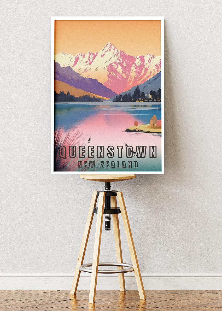 Queenstown New Zealand Poster & Canvas Print – Modern Illustrated Sunset Mountain Art