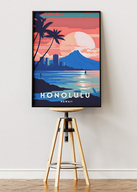 Honolulu Hawaii Sunset Poster & Canvas Print – Illustrated Tropical Skyline Art