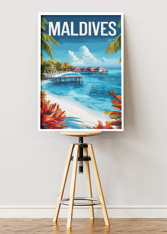 Maldives Poster & Canvas Print – Illustrated Overwater Villa Beach Art