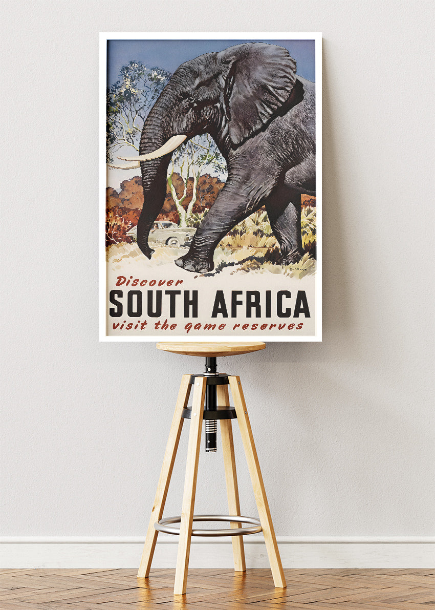South Africa Elephant Safari Poster & Canvas Print – Vintage Wildlife Travel Art