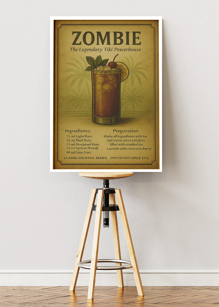 Zombie Vintage Tiki Cocktail Poster & Canvas Print | Classic Recipe Bar Wall Art