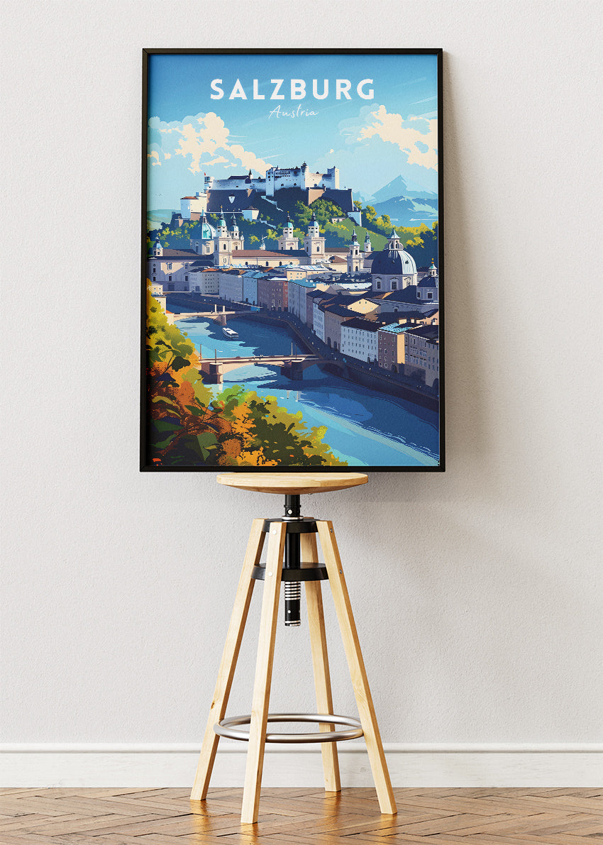Salzburg Austria Travel Poster & Canvas Wall Art – Old Town & Fortress Hohensalzburg Illustration