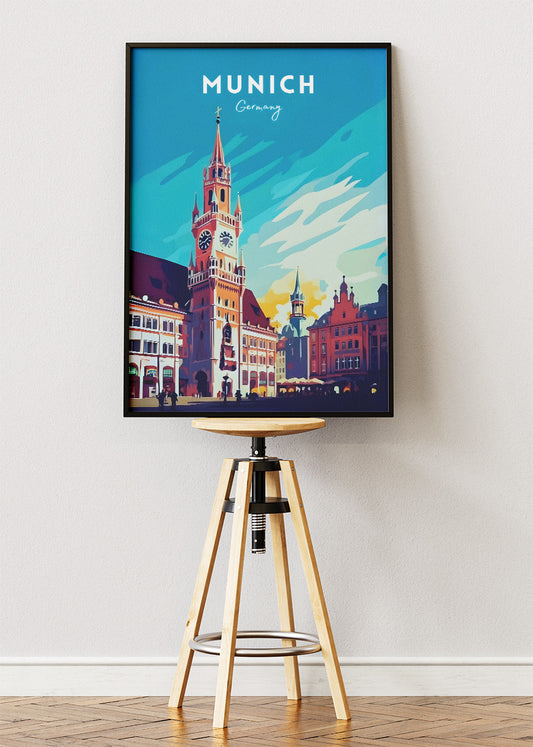 Munich Germany Poster & Canvas Print – Vintage Marienplatz Cityscape Art